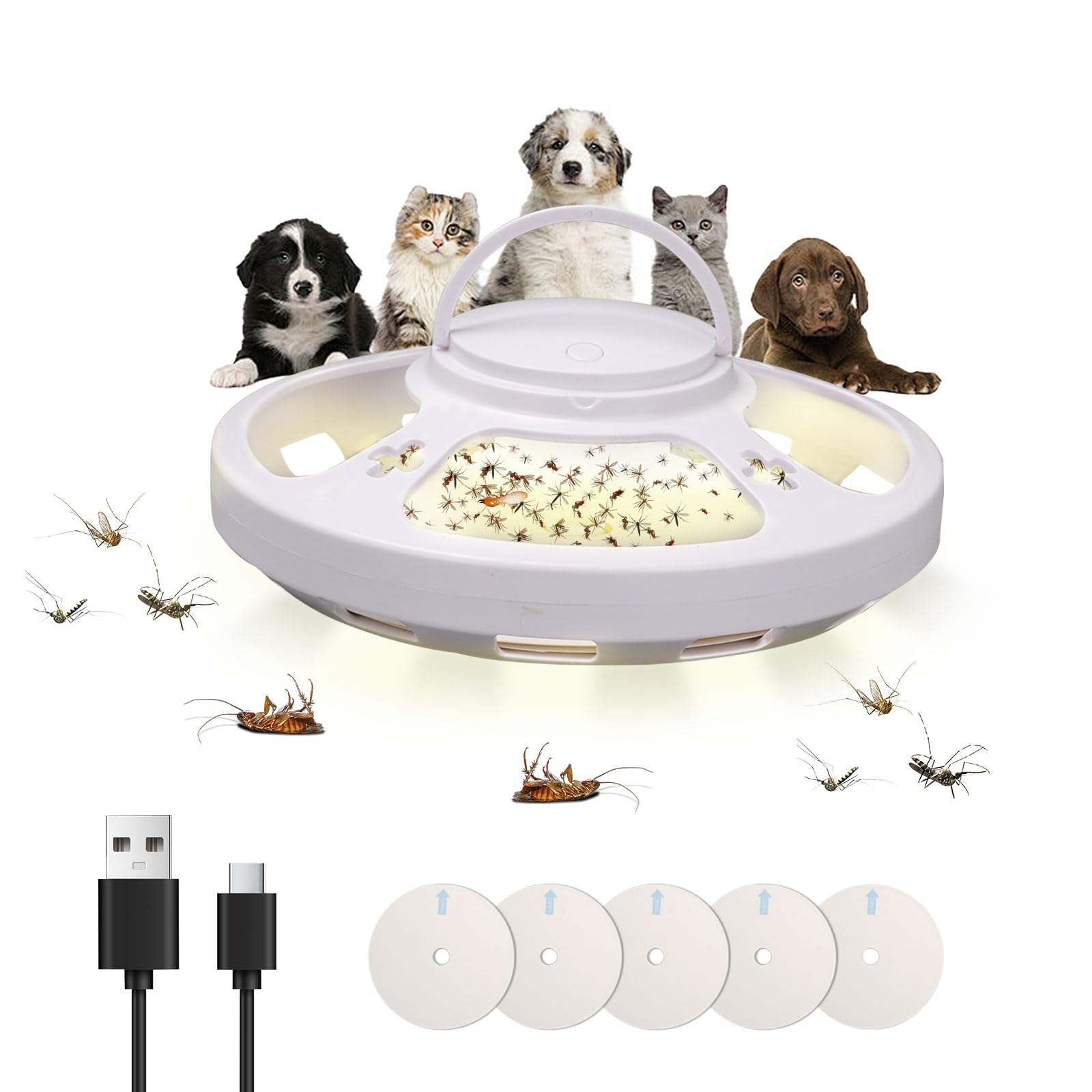 Flea Traps for Home, Flea Lamp Traps for House with 6 Stickers and with 4 Modes, Non-Toxic, Odorless, Fleas Trap Lamps Kit for Carpets Bedding Bedroom Living Room, USB, Two Color Light (White)