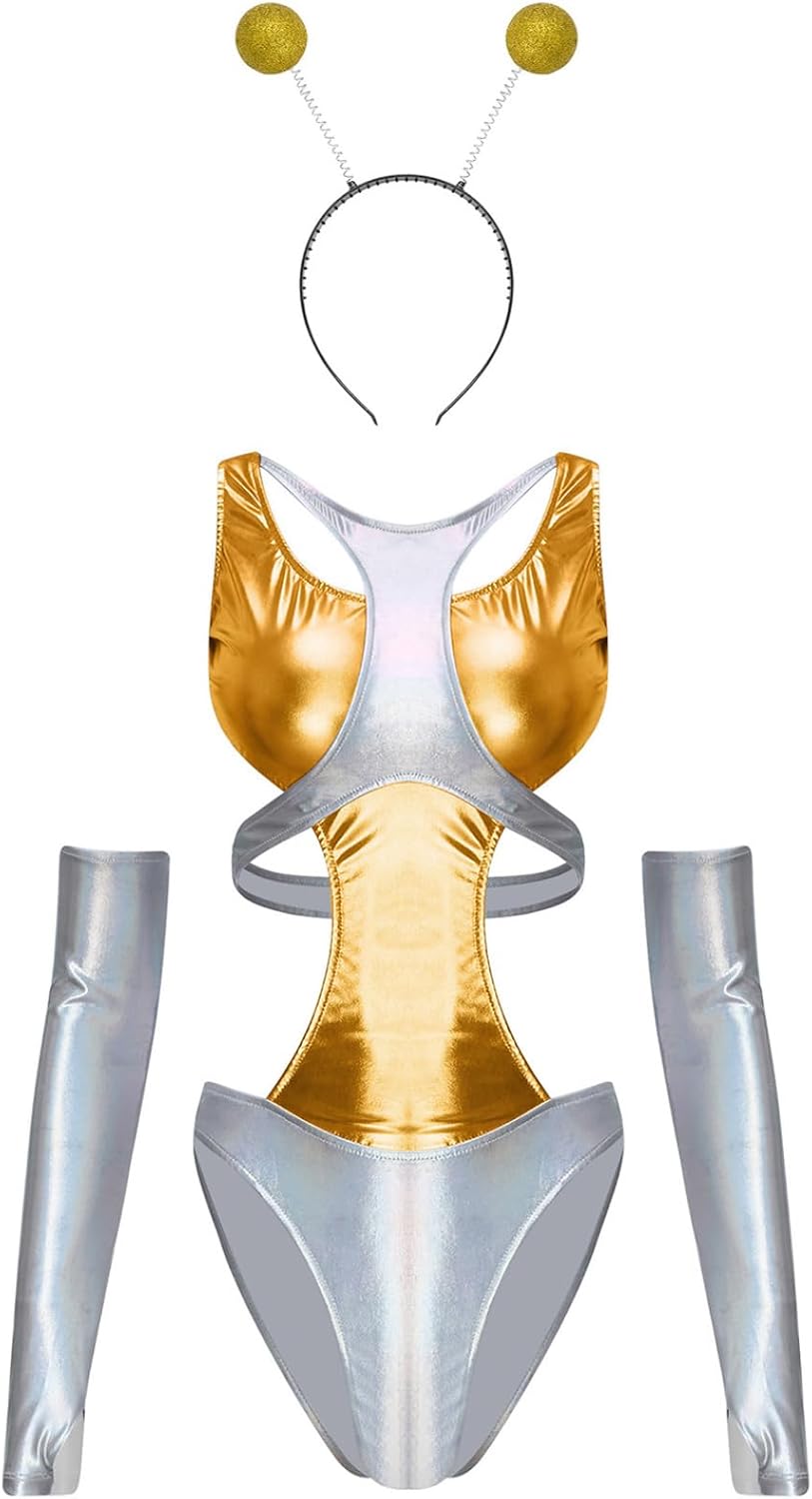 Linjinx Womens Alien Bodysuit Hollow Out Space Cadet Cosplay Costume with Detachable Sleeves And Headwear