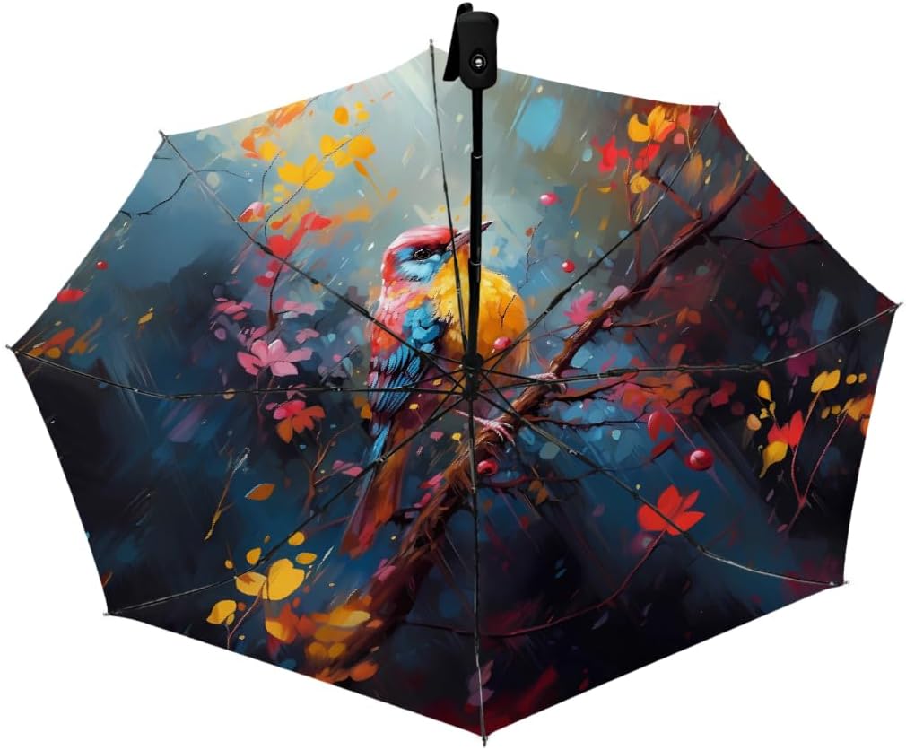Oil Painting Bird Branch Folding Umbrella Windproof Compact Lightweight Travel Umbrella with 8 Reinforced Ribs, Portable UV Sun & Rain Protection for Men & Women