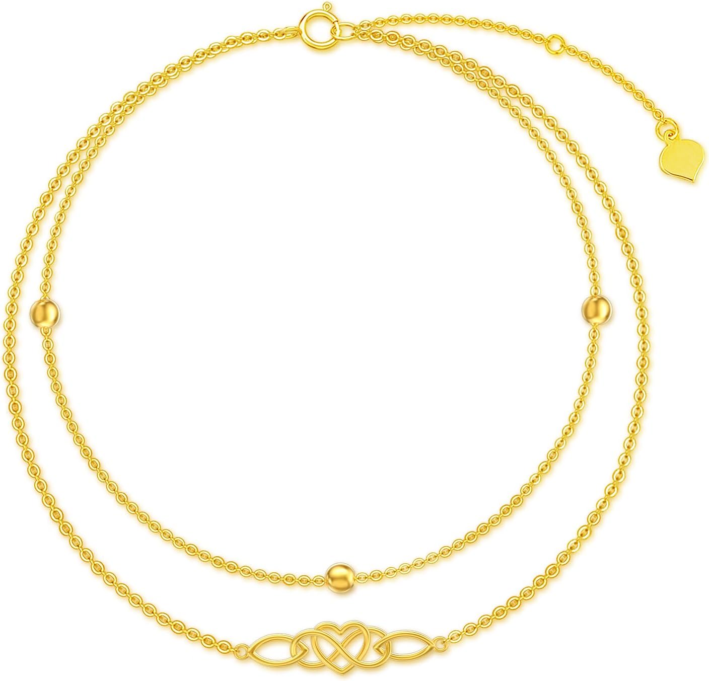Solid 14K Gold Infinity Lover Heart Anklet for Women,Real Gold Layered Bead Bracelet Anklets Foot Jewelry Gifts for Wife Mom Sisters Birthday Christmas,8"-10"