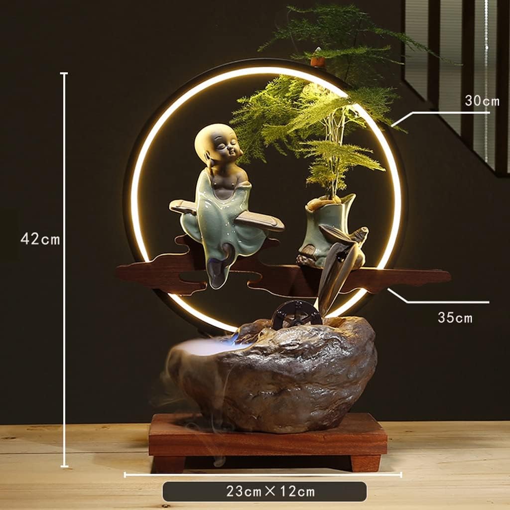Office Fountain Tabletop Fountain Ceramic Desktop Fountain with Lamp Ring Chinese Style Desktop Flowing Water Ornament Office Home Decoration Water Fountain Decor (A)