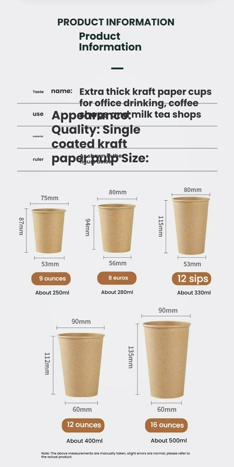 Vasos de papel kraft desechables gruesos, ecológicos, para bebidas calientes para oficina y uso comercial