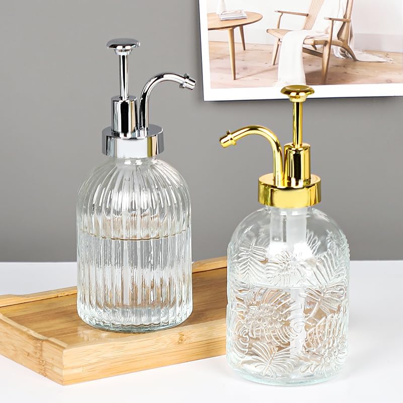 Glass Pump Soap Dispenser, 350ML Kitchen Hand Soap Dispenser Sour Cream Dispenser Rustproof Pump Dispenser for Kitchen Bathroom (Translucen Gold Bar) - Image 8