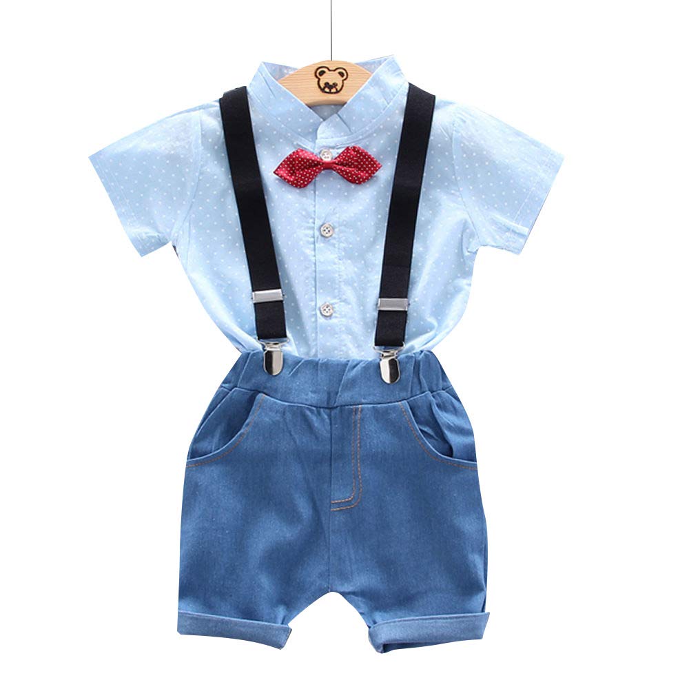 Hopscotch Baby Boys Cotton, Spandex Half Sleeves Polka Dot Printed Shirt with Short Set in Blue Color