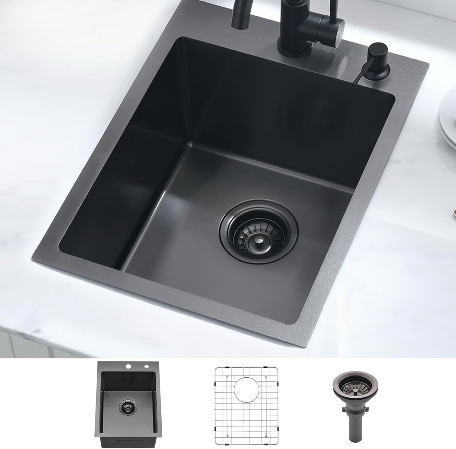 BoomHoze Black Drop in Bar Sink, 15 x 20 Inch Small Kitchen Sink Black