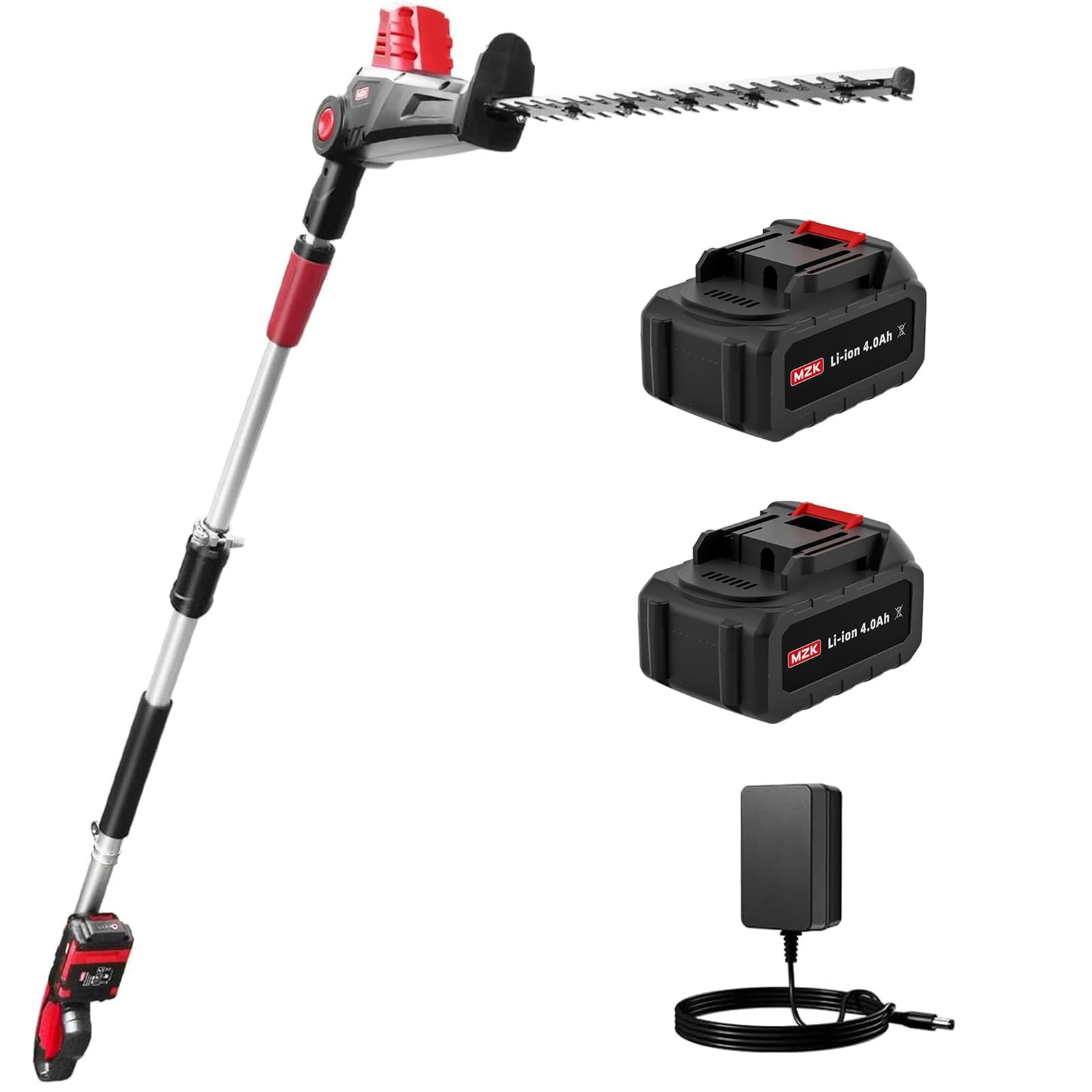 MZK 20V MAX Multi-Angle Cordless Pole Hedge Trimmer Attachment, 2.4m Working Reach, Electric Hedge Cutter with Extension Pole, Includes 2 Batteries & Charger