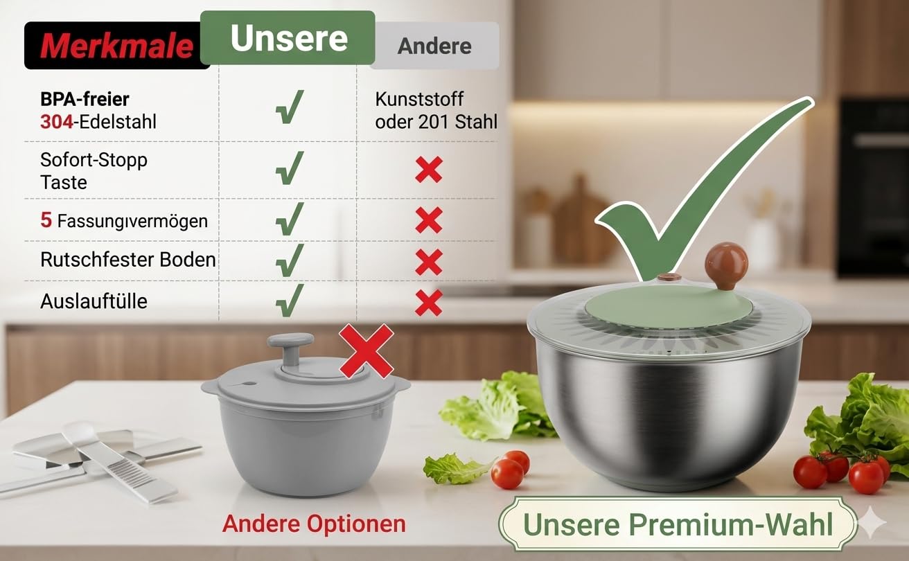 Salatschleuder Edelstahl 5L – Groß mit Kurbelantrieb, rutschfestem Boden & Ausgussfunktion – Spülmaschinenfest, BPA-frei – Salatschleuder Groß für Familien & Gemüse
