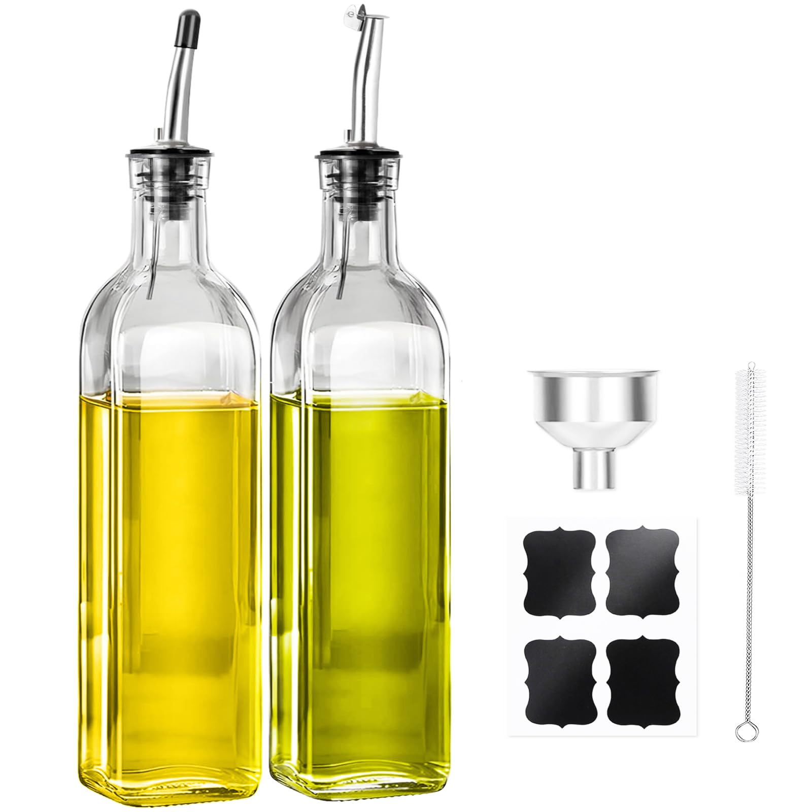 MEIDAYAI Olive Oil Dispenser Bottle, 2 Pcs Glass Oil Bottle for Kitchen, Oil and Vinegar Dispenser Set with 2 Stainless Steel Pourers, 4 Labels,1