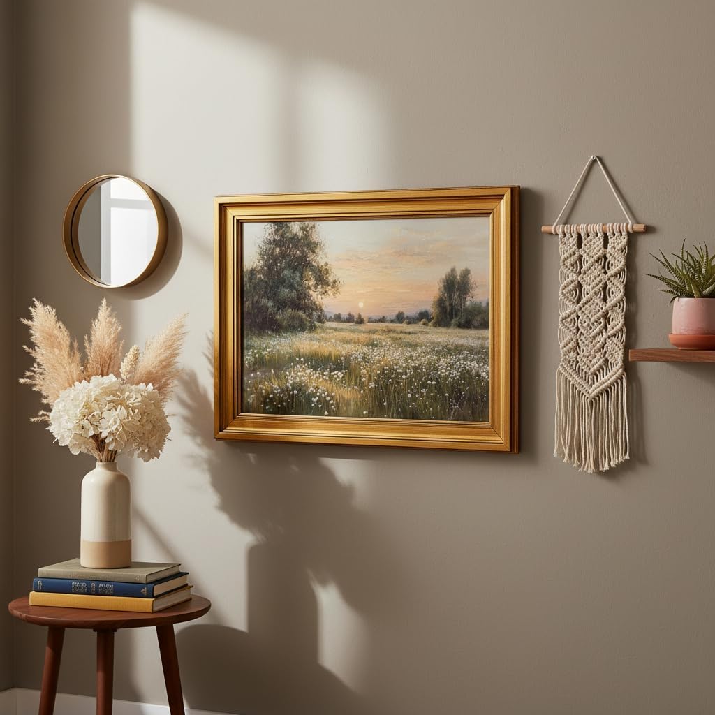 Vintage Gold Framed Sunset Canvas Wall Art, Country Landscape Poster Print Artwork, Wildflower Sea Painting Picture Wall Decor, for Living Room, Bedroom, Home Decoration, 12x16in