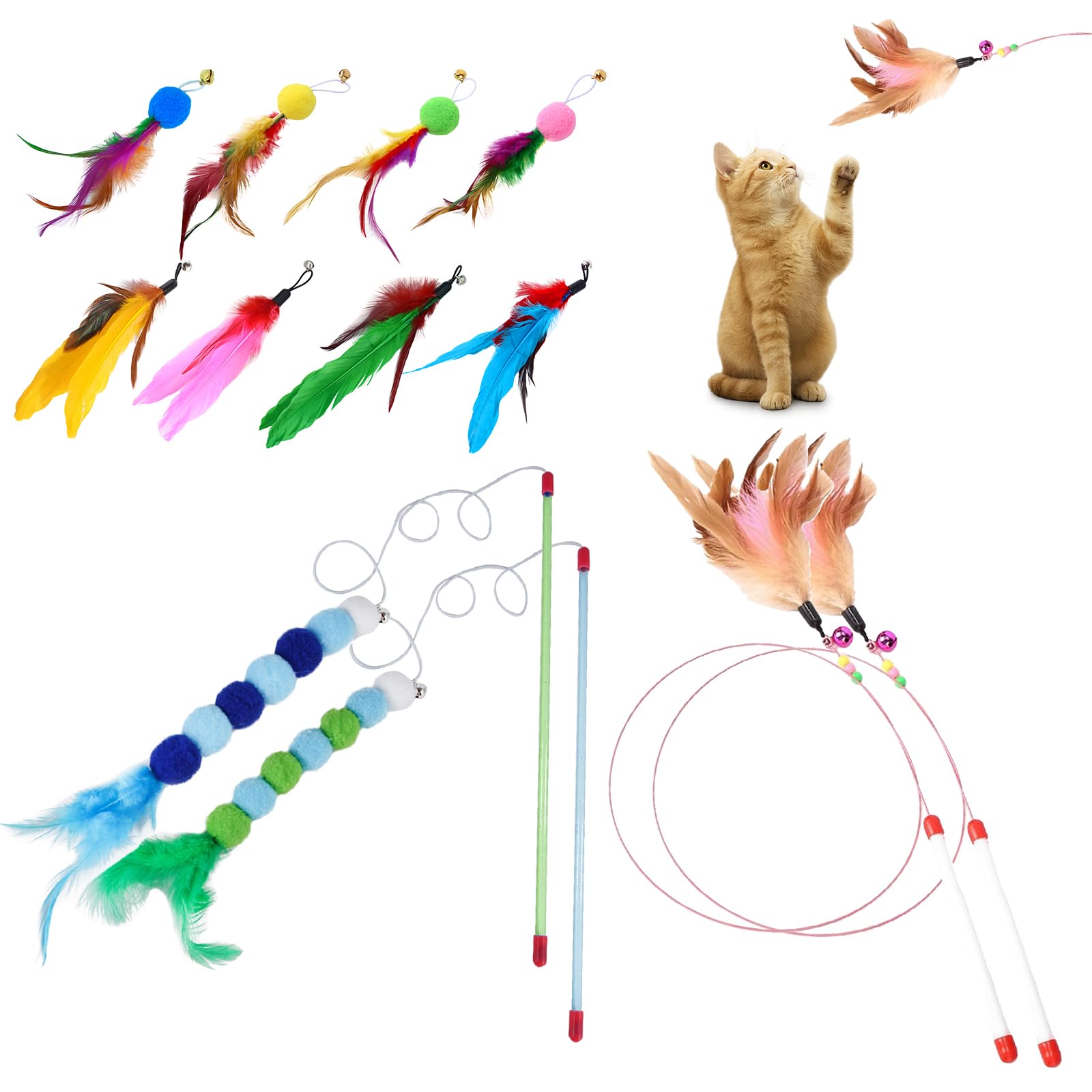 GMHLLES 12 Pcs Interactive Cat Teaser, Cat Wand Toy Wand with Bells and Feathers, Feather Stick Toy for Indoor Kittens Cats Play & Exercise