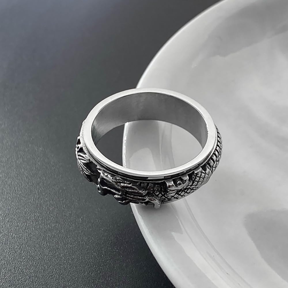 IMINI Drachen-Fidget-Band, drehbar, Edelstahl, Punk, cooles Tier, Angst, Stressabbau, frei drehbar, Bikerring, Versprechenband für Männer, Jungen, Frauen, Geburtstag, Vintage-Schmuck, Geschenke