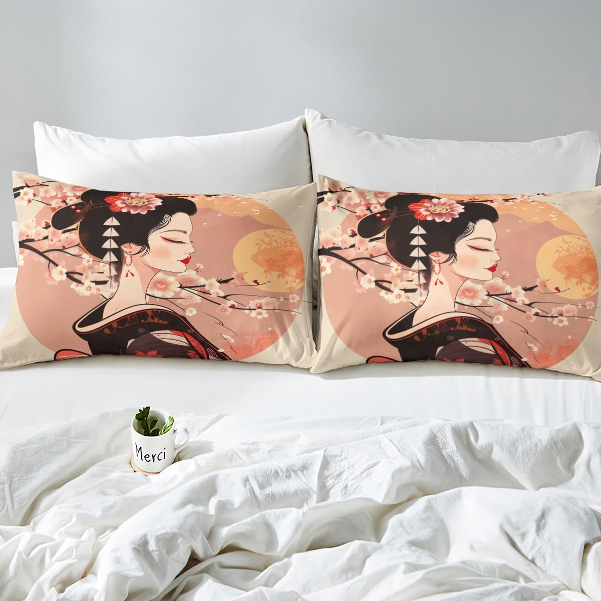 Homemissing Kids Japanese Geishas Bedding Set Double Size Boys Girls Cherry Blossoms Comforter Cover Set Japanese Style Duvet Cover Japanese Tradition Aesthetic Bedspread Cover (No Comforter) - Image 4