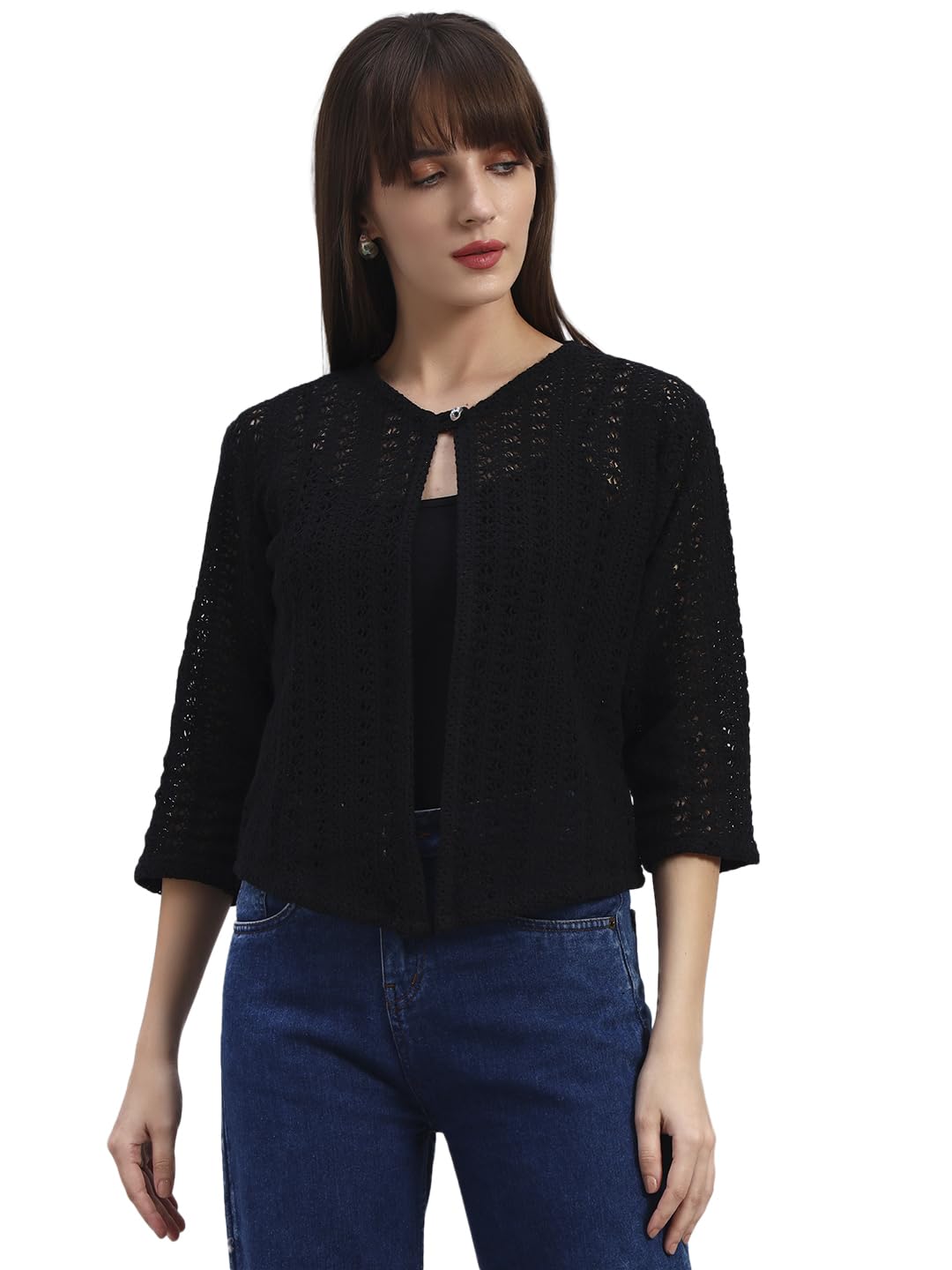 Women's Lace Cotton Shrug | 3/4 Sleeve Jacket-Style Net Koti | Casual Self-Design Shrug