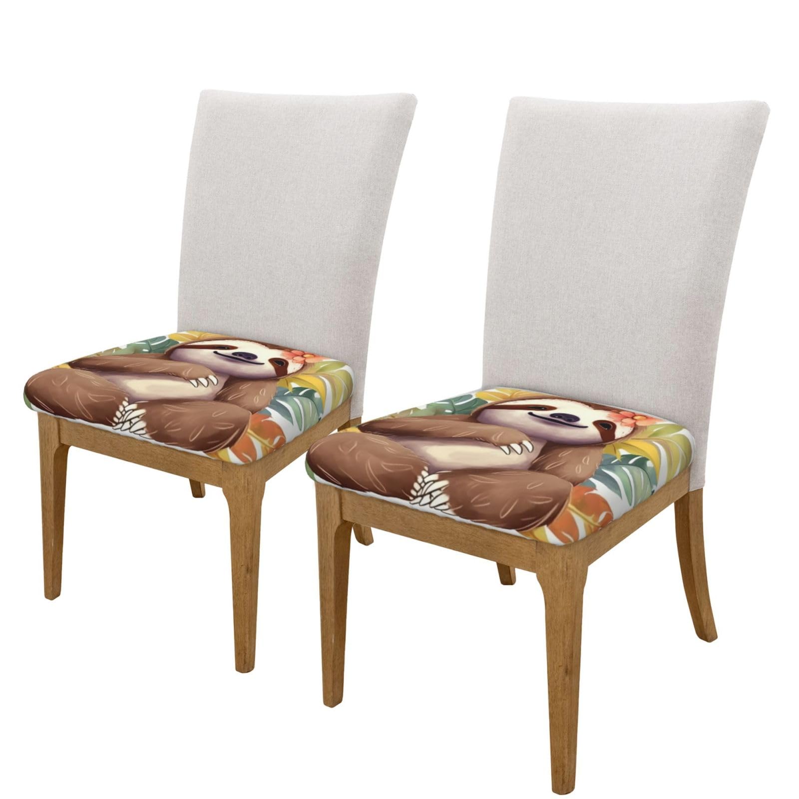 FHEDVBN Cute Sloth Leaves Bar Stool Cover Two Pieces Washable Square Seat Cushion Covers Stretch Non Slip Barstool Slipcovers Soft Velvet Chair Covers for Kitchen, Dining Room Decor