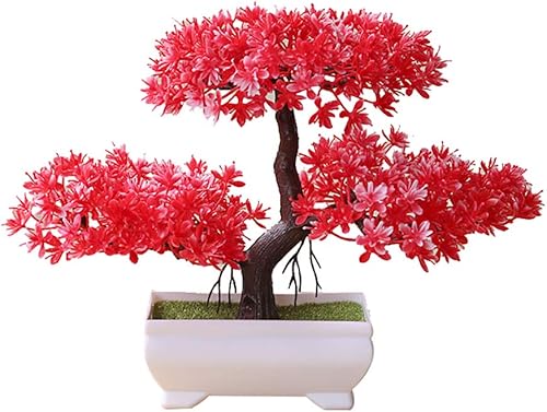 Árbol de enebro bonsái artificial, planta de pino artificial en maceta, adorno de mesa para el hogar y la oficina, color rojo