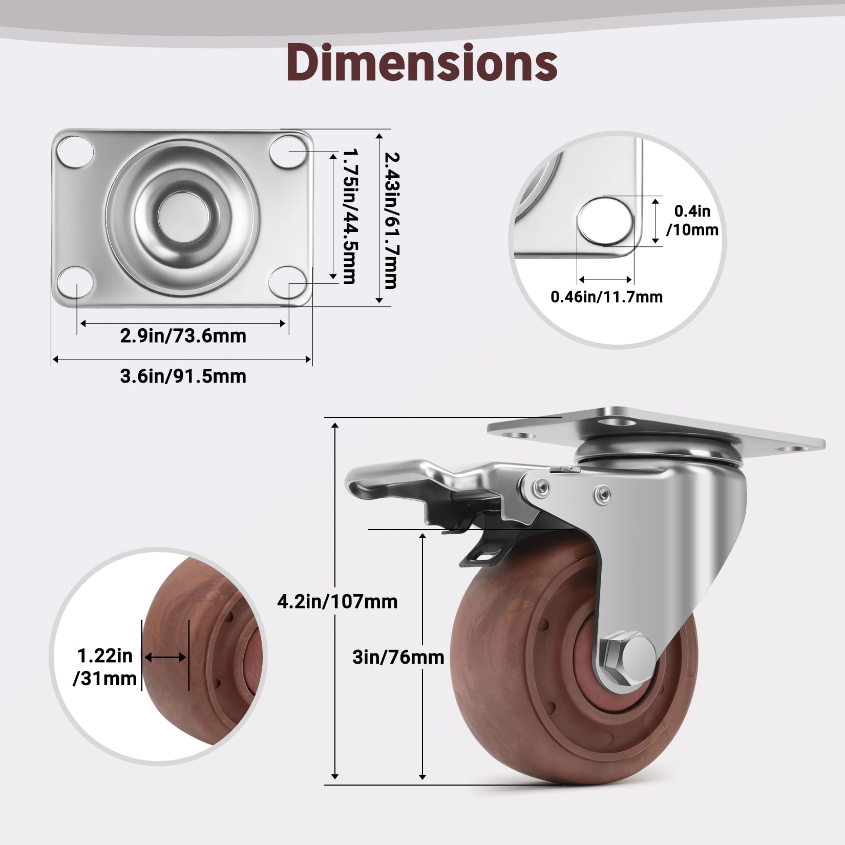 75mm Rotelle Resistenti alle alte Temperature Portata 540KG, 360° Ruote per Mobili con Freno, Ruote Girevoli per Carichi Pesanti per Griglia da Forno, Carrello Barbecue, Set di 4