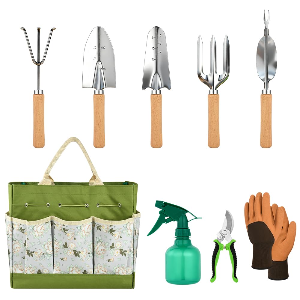 Set di Attrezzi da Giardinaggio, 9 Pezzi in Acciaio Inossidabile ad Uso Intensivo, Impugnatura Ergonomica Antiscivolo, Fori Appesi, Strumenti da Giardinaggio per Donne e Uomini, Verde