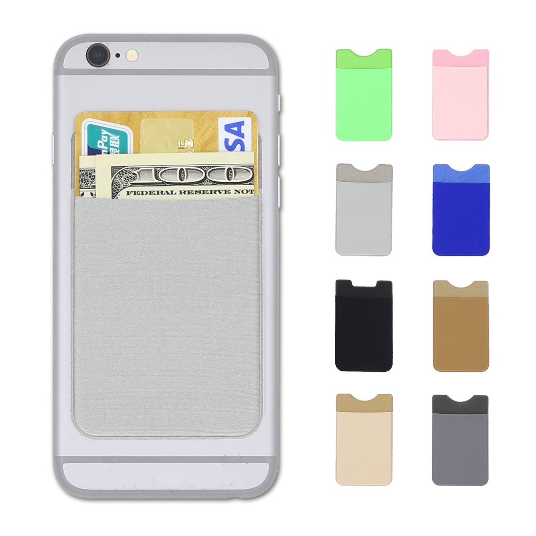 MAYISUMAI Cellphone Card Wallet 3M Adhesive Credit Card Holder Lycra Phone Cash Pouch Sleeve Stick-On Stikers for iPhone 7 Samsung S8 S8 Plus (Silver)