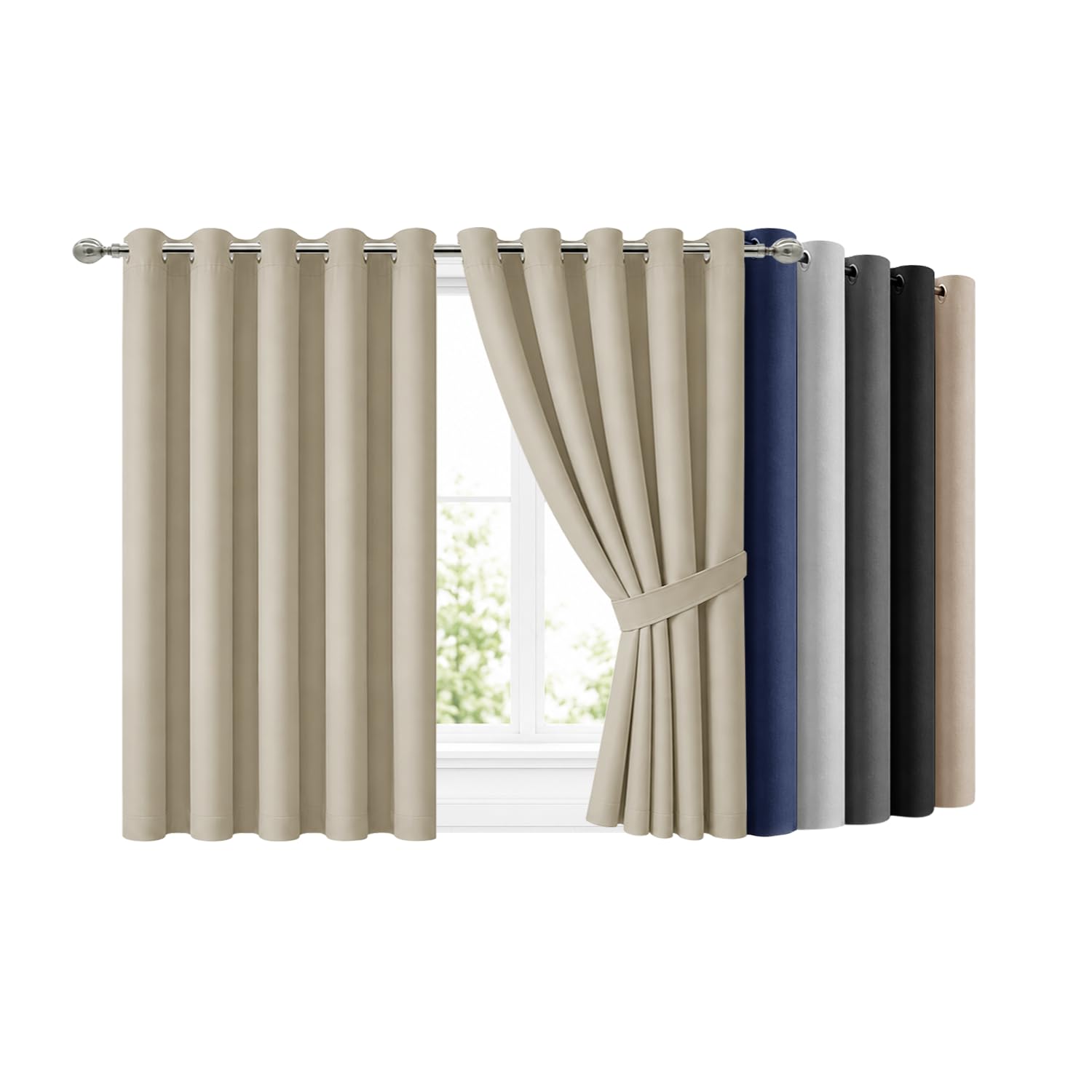 Hafaa Blackout Eyelet Curtains for Bedroom 66 X 54 Inch Cream Curtains for Living Room Noise Reducing Black out Curtain & Drapes 2 Panels with Tiebacks — image 1
