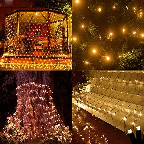 200 LED Solar Net Light, 3M x 2M Mesh Fairy String Lights, 8 Modes Outdoor Weatherproof Curtain Lights, Auto ON/Off Tree Wrap Christmas Decorative Light for Balcony Fence Garden Backyard (Warm White)