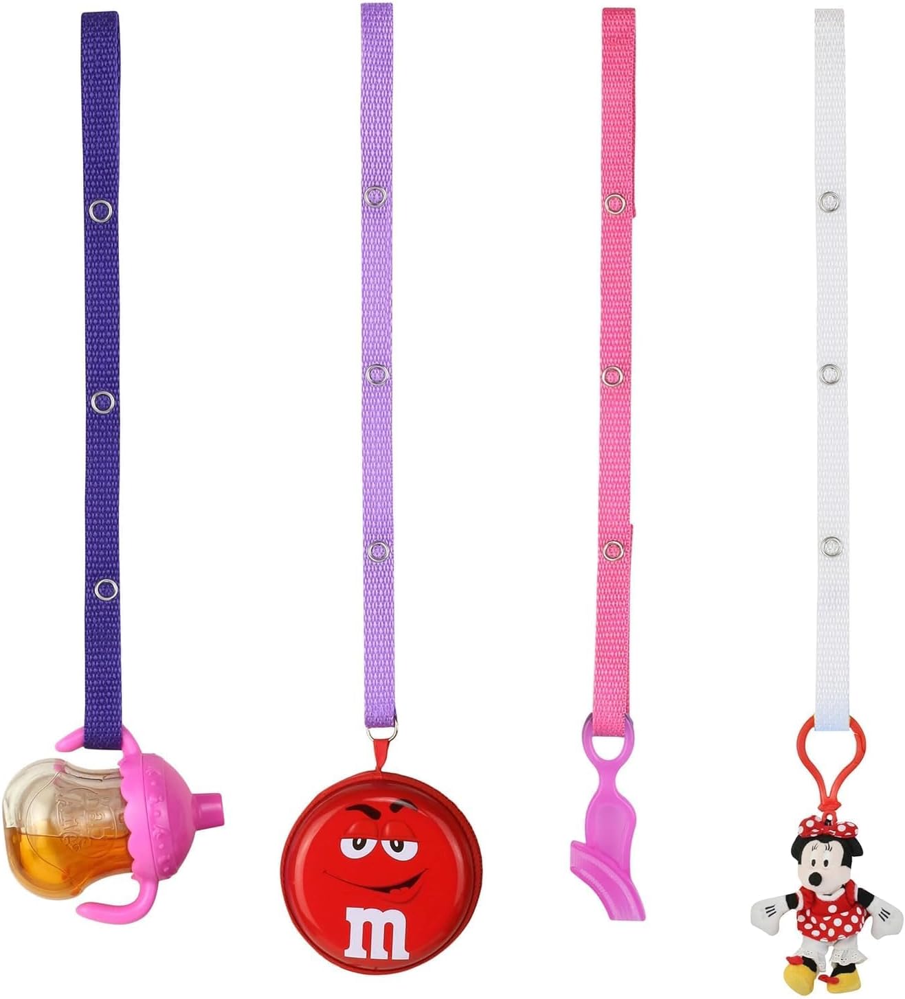 Baby Buddy Secure-A-Toy, Safety Strap Secures Toys, Teether, Pacifiers to Strollers, Highchairs, Car Seats, Keep Toys Sanitary, Adjustable, Registry Must Haves, Pink-Purple-Light Pink-White, 4 Count
