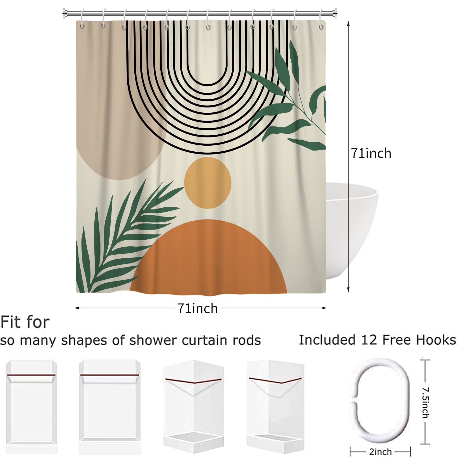 Emvency Duschvorhang Boho Mit Palmenblättern – Wasserdicht, Polyester, 183x183 Cm, Inkl. 12 Haken