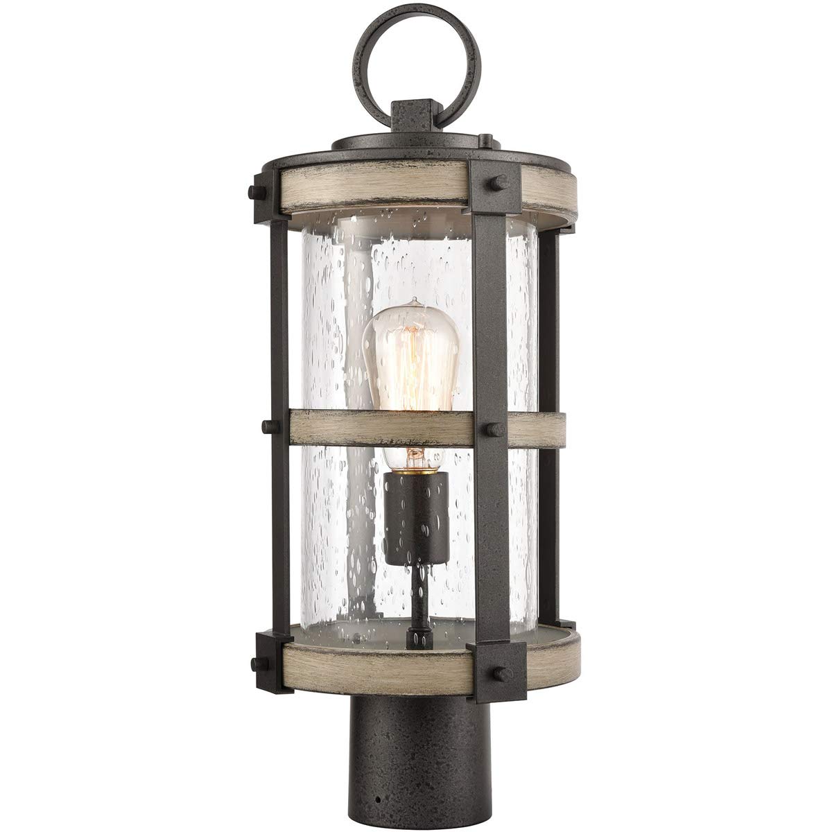 ELK Lighting Crenshaw 1-Light Outdoor Post Mount in Anvil Iron and Distressed Antique Graywood with Seedy Glass