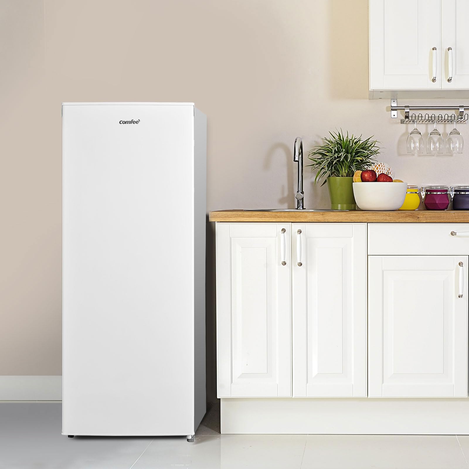 COMFEE' RCU160WH2(E) 160L Congelatore monoporta verticale e 5 Cassetti, 4 Stelle, -24° Gradi, Controllo Della Temperatura, Compressore GMCC di Alta Qualità, Cerniere Della Porta Sostituibili, Bianco