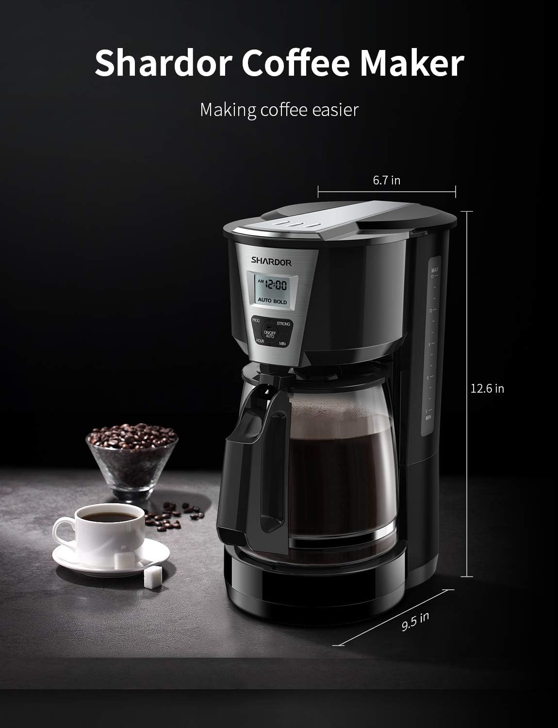 SHARDOR Drip Coffee Maker with dimensions labeled