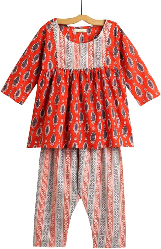 Baby Girls Cotton Printed Full Sleeves Printed Kurta Pyjama Set in Orange Color