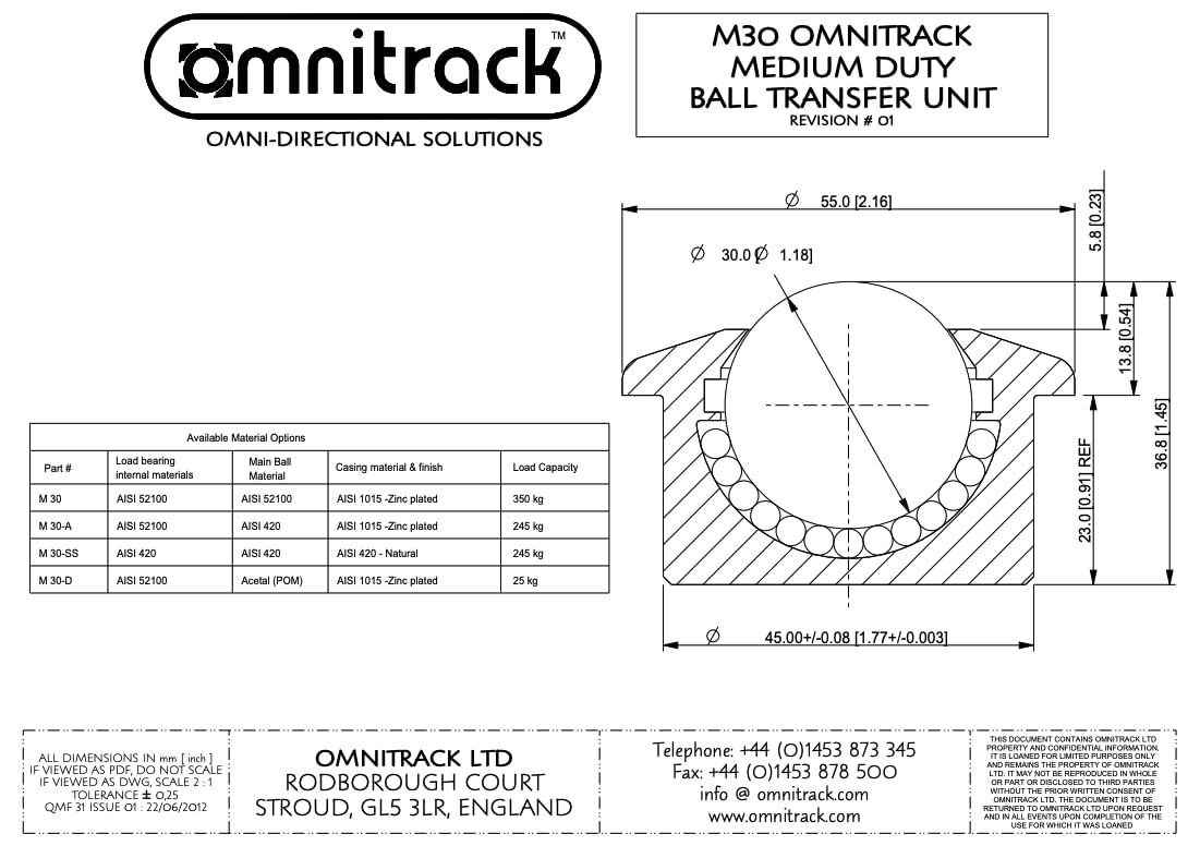 M30D Omnitrack Push Fit Medium Duty Ball Transfer Unit 1'' Ball with Acetal (POM) Main Ball 55lb Load Capacity