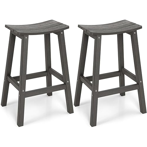 Weatherproof Bar Stools Set of 2, 28" Height Outdoor Bar Stools Holds up to 400 lbs, Saddle Seat, Bar Height Stools for Patio, Garden, and Kitchen Island, Gray