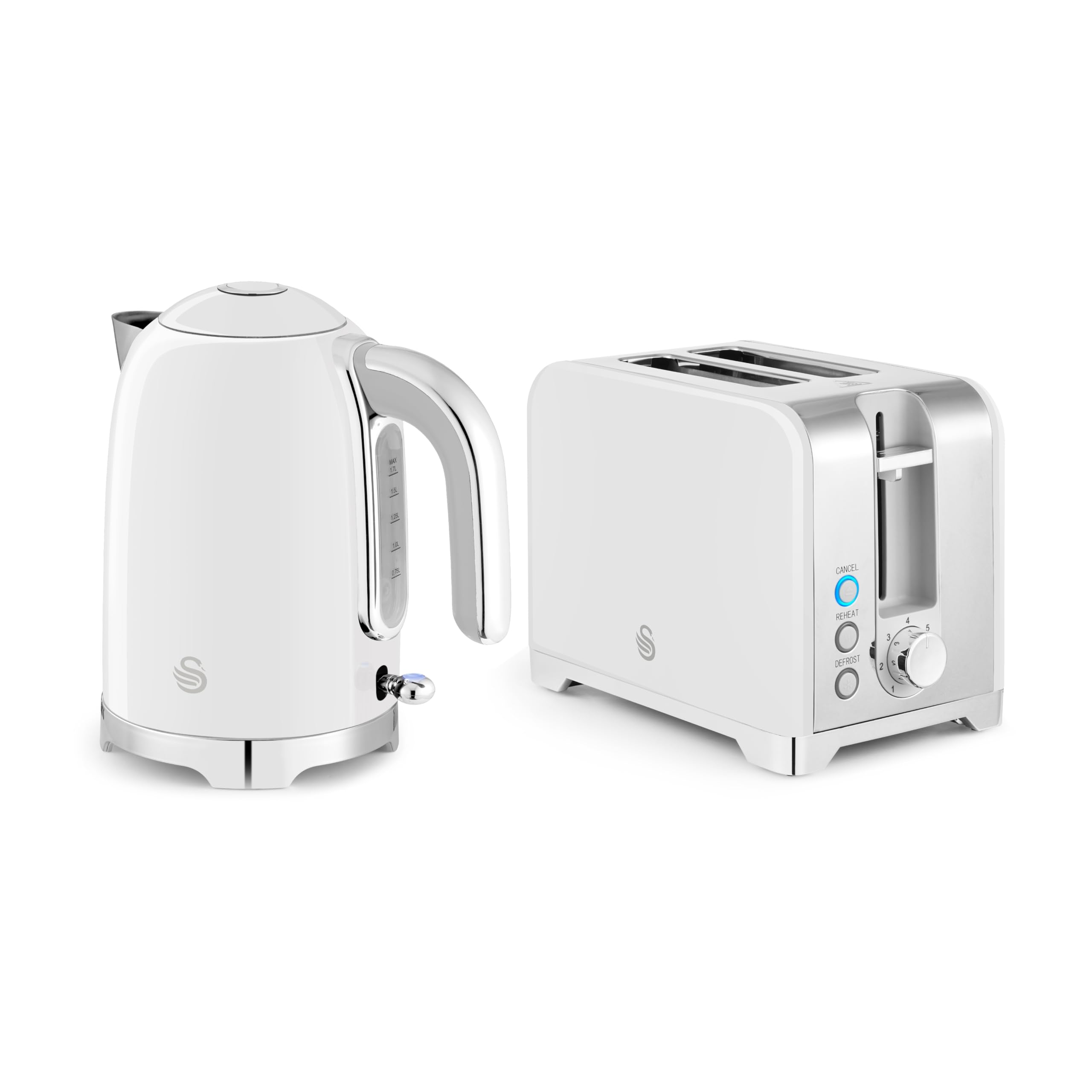 Swan Solace Kitchen Set, 1.7L Kettle, 930W 2 Slice Toaster, SK19026WHT + ST19031WHT, White with Chrome Trim