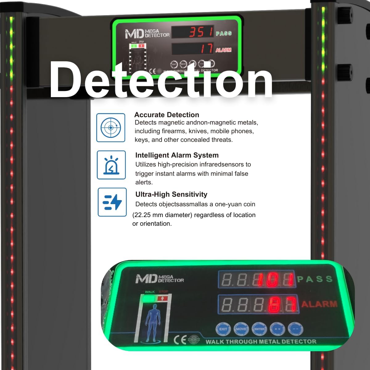 Walk-Through Metal Detector, 18 Zone Security Scanner with LED Display, Indoor/Outdoor Use, People Counter Cord, and Cordless (Standar Black, 1)