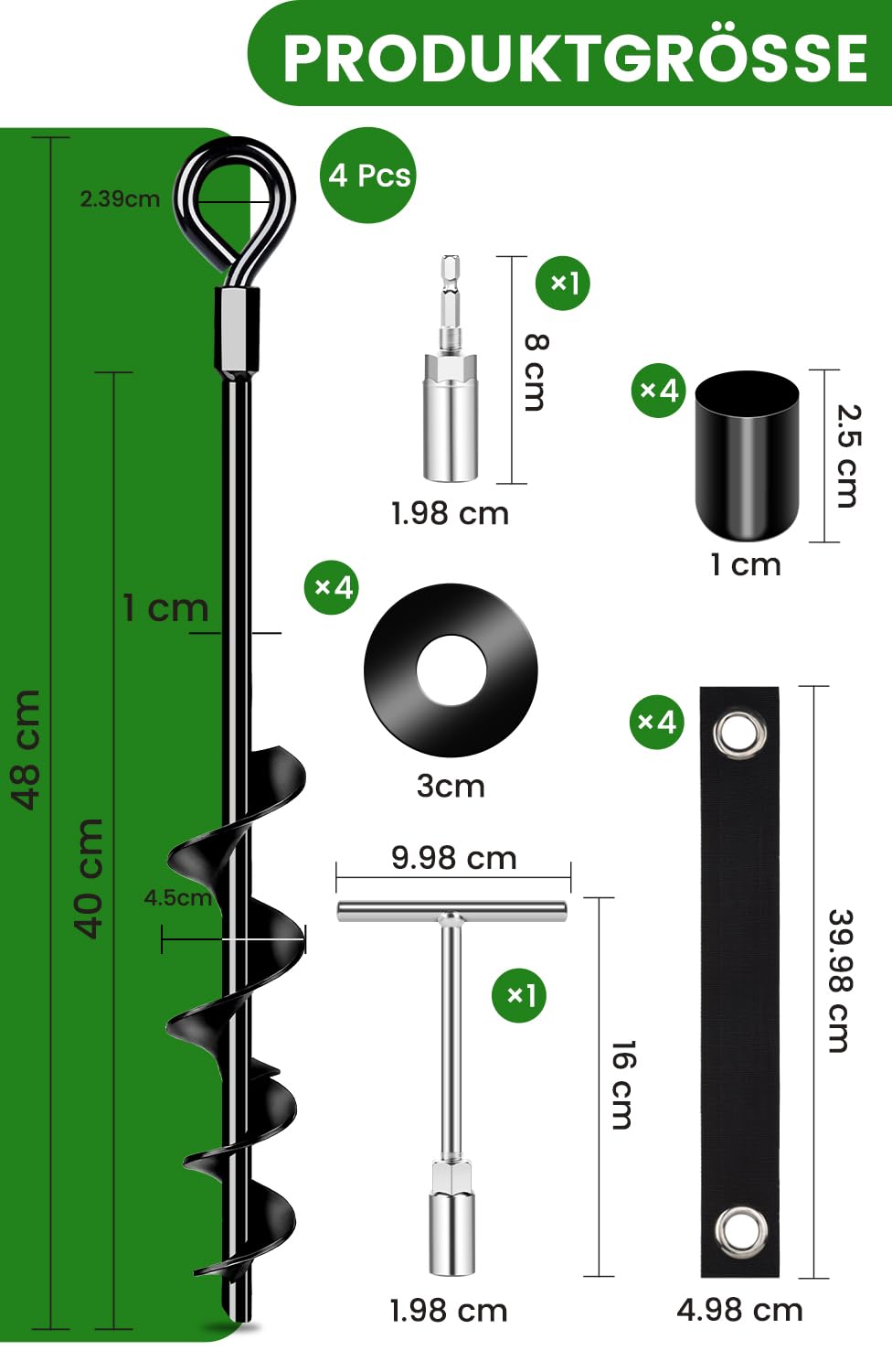 Lot de 4 piquets d'ancrage au sol de 48 cm avec sangles résistantes, ancrages au sol à visser dans le sol pour tentes, balançoires, auvents, particulièrement stables et faciles à installer