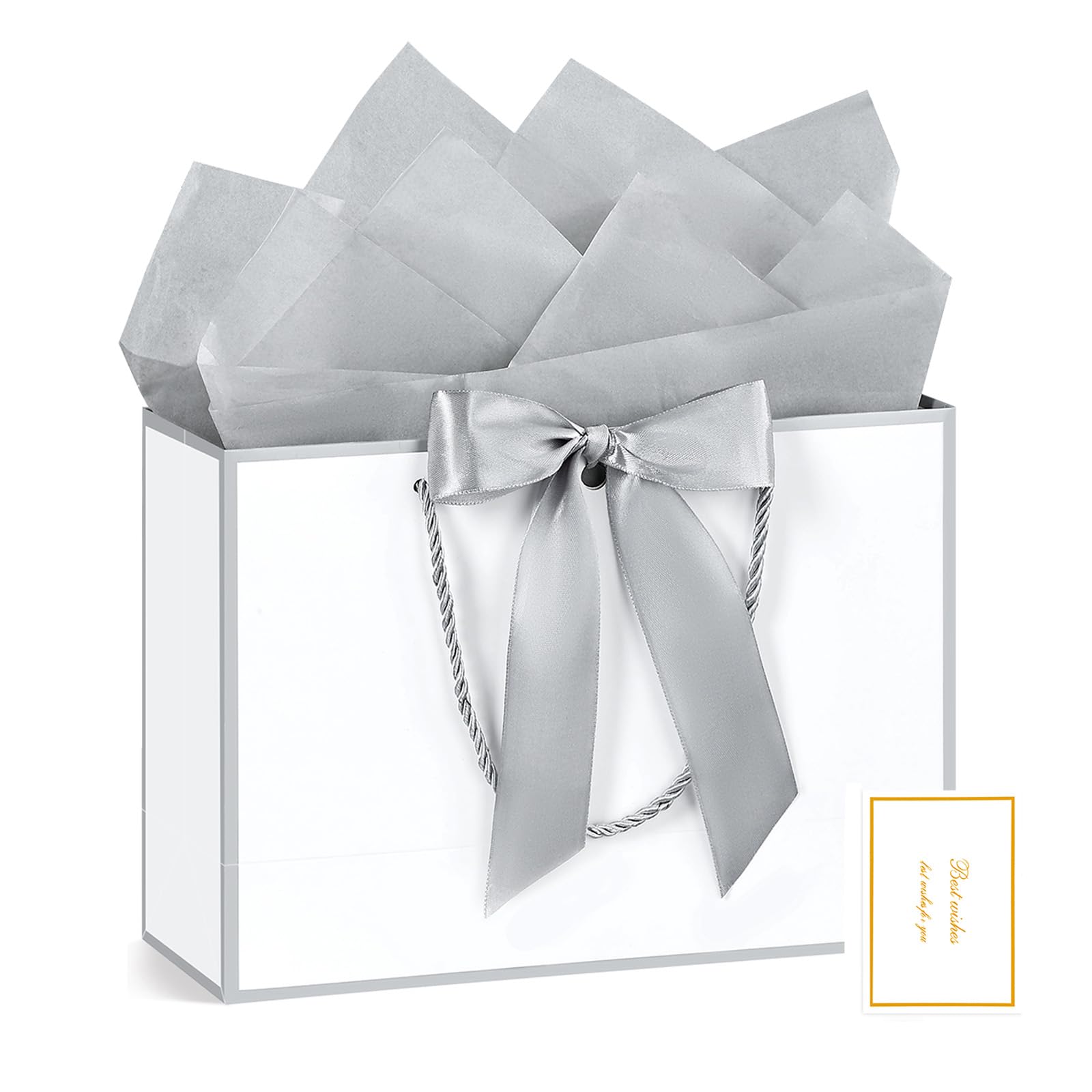 JMANNI Gift Bags with Handles, 13” Medium Gift Bag for Presents, 1 Pcs Bags with 2 Tissue Paper and 1 Cards for Baby Shower Wedding Bridal Shower Mother's Day Birthday Party (Silver)