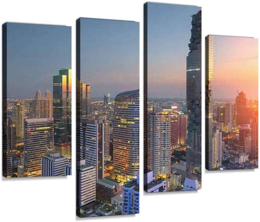 Aerial view of Bangkok modern office buildings, condominium Canvas Print Artwork Wall Art Pictures Framed Digital Print Abstract Painting Room Home Office Decor Ready to Hang 4 Panel