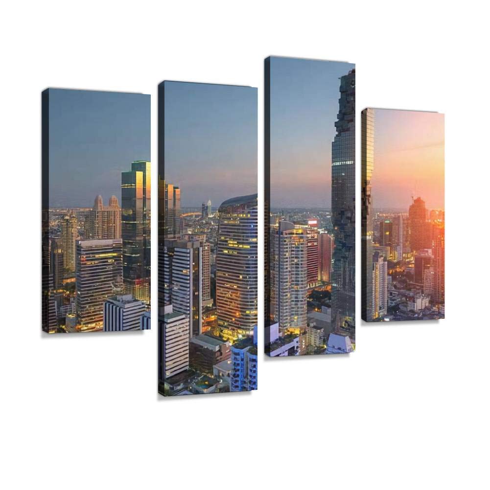 Aerial view of Bangkok modern office buildings, condominium Canvas Print Artwork Wall Art Pictures Framed Digital Print Abstract Painting Room Home Office Decor Ready to Hang 4 Panel