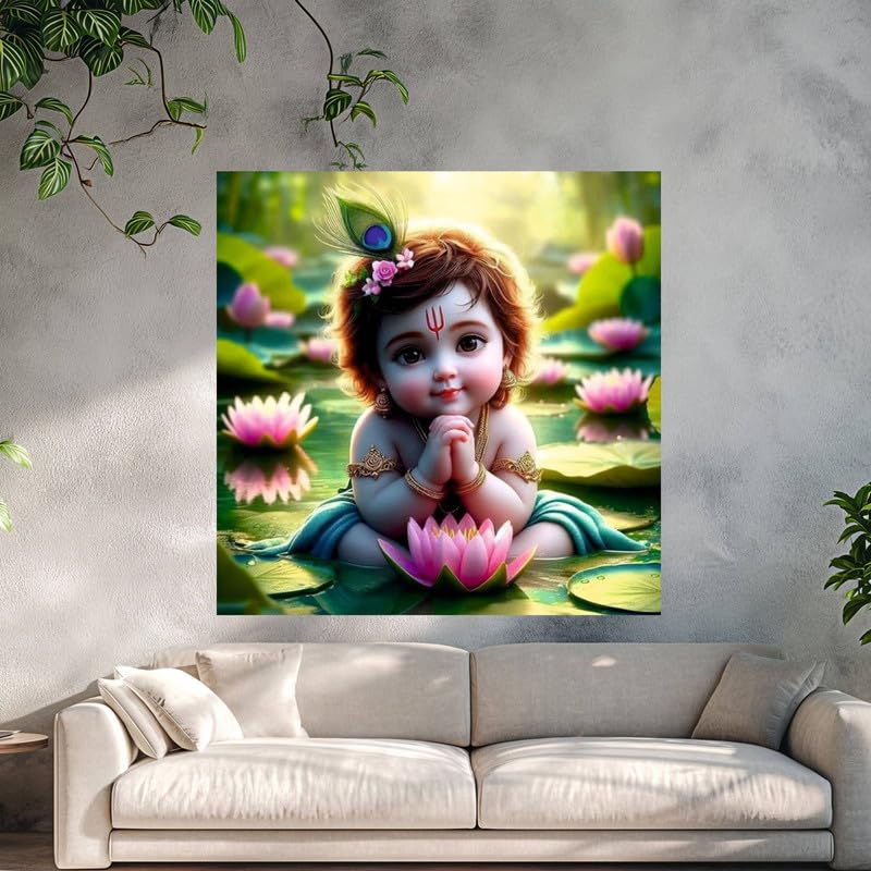 Image of British Terminal Cute little Bal Gopal Baby God Krishna| Kanha Ji | Laddu Lord Makhan Chor Painting Religious Poster for Pregnant Women for wall (matt thin vinyl,sticker,multicolor,unframed)| bj420