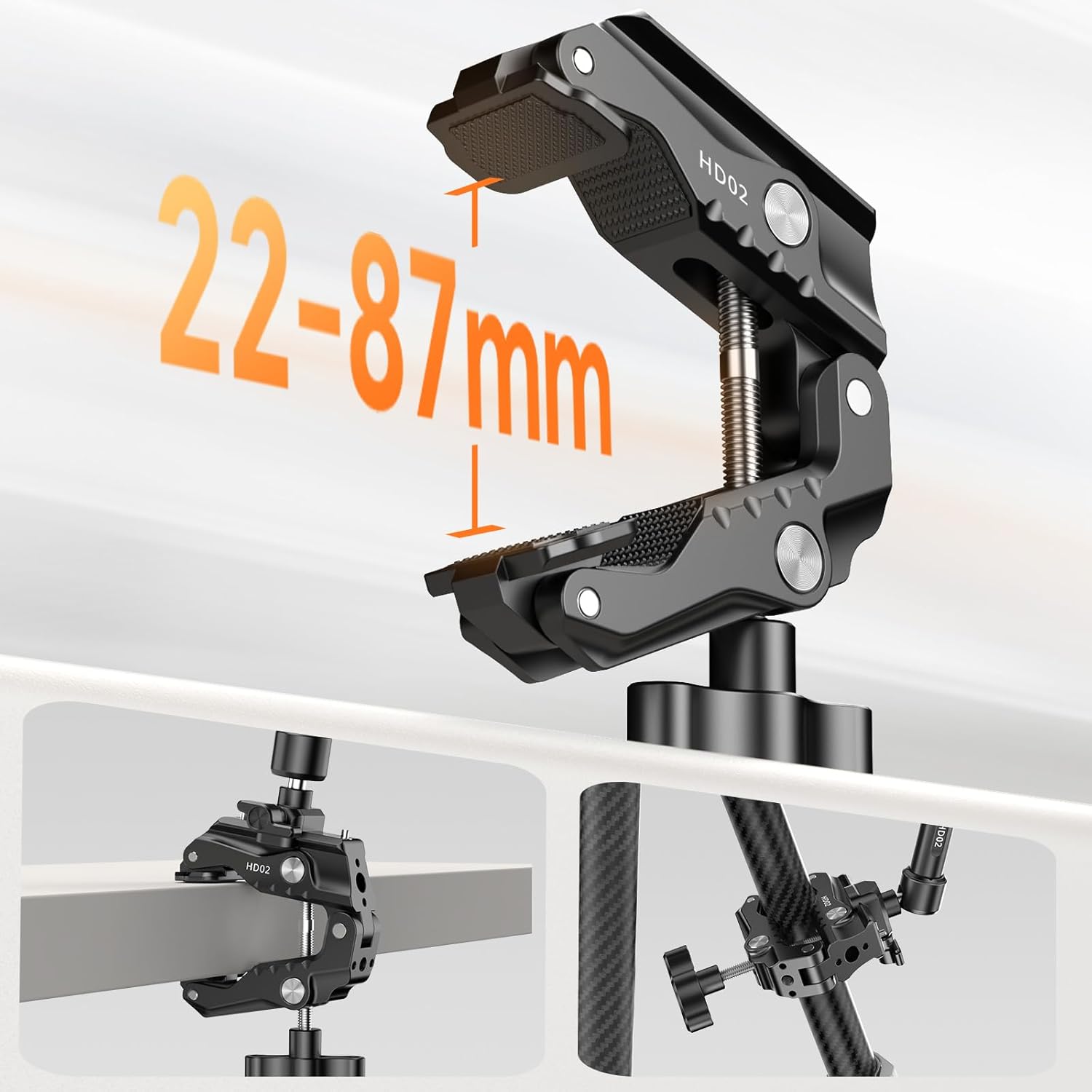 ULANZI HD02 Super Clamp showing adjustable jaw width from 22-87mm, clamping on a desk and a pole