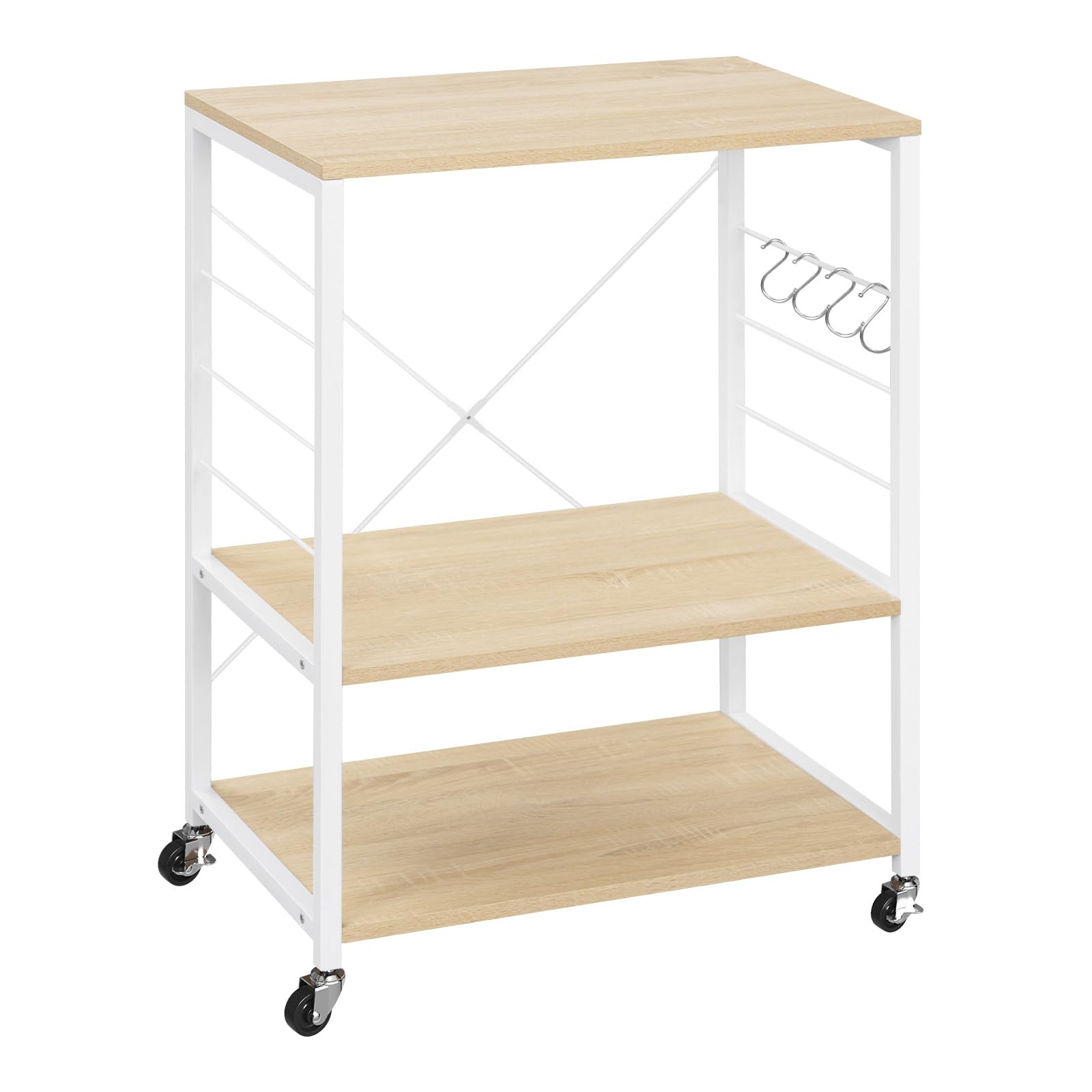 WOLTU Estantería de Cocina con Ruedas, Carrito Auxiliar con Estanteria Almacenaje 3 Niveles, Carro Cocina con 4 Ganchos, Estante de Microondas, Marco Metalico, Blanco + Roble Claro, 60x40x82,5 cm