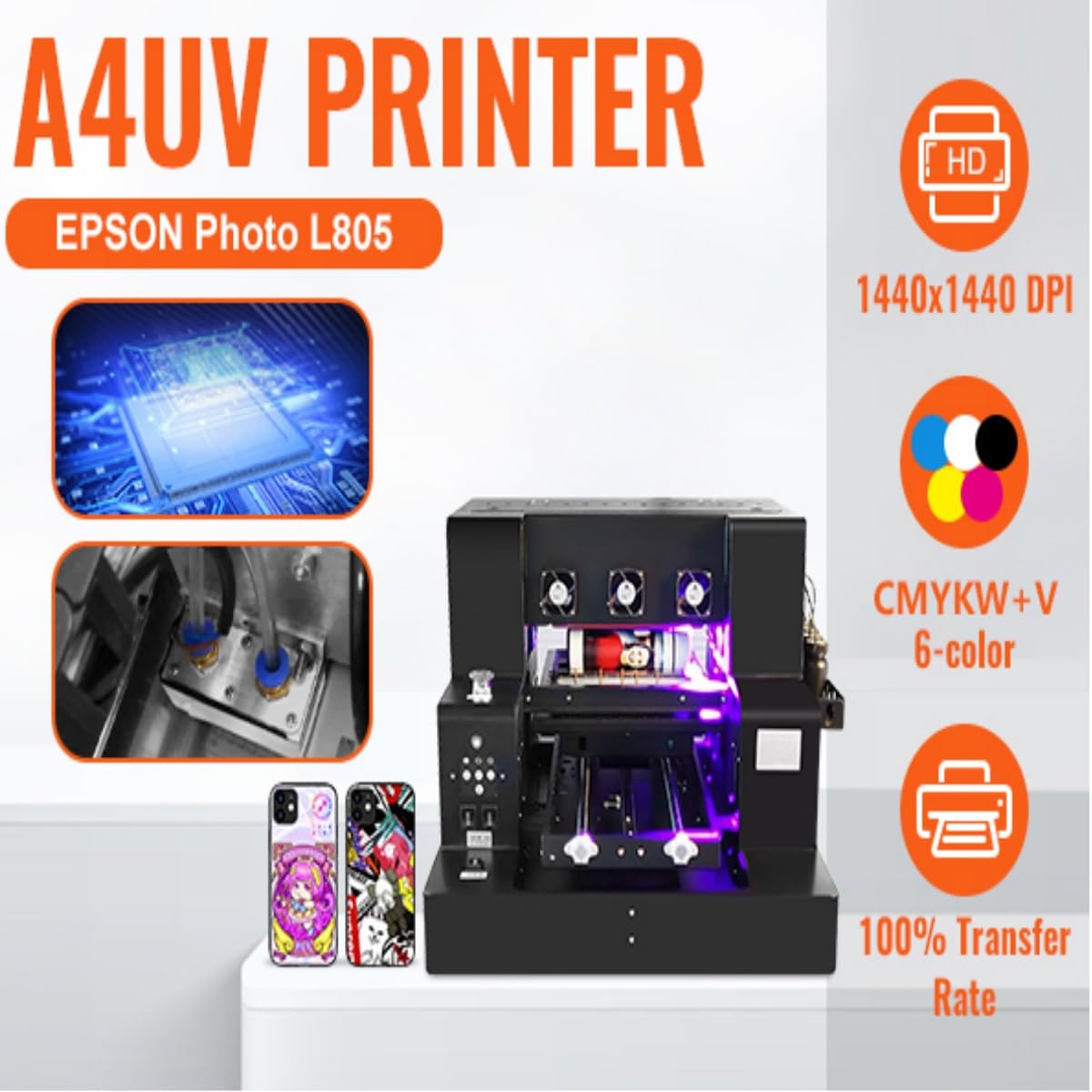 A4 UV Stampanti a Getto d'inchiostro Multifunzione,Formato A4,Automatica Stampante a Cartuccia d’inchiostro,Vernice/DTF,per Delle Custodia del Telefono/Bottiglie/PVC contiene Inchiostro