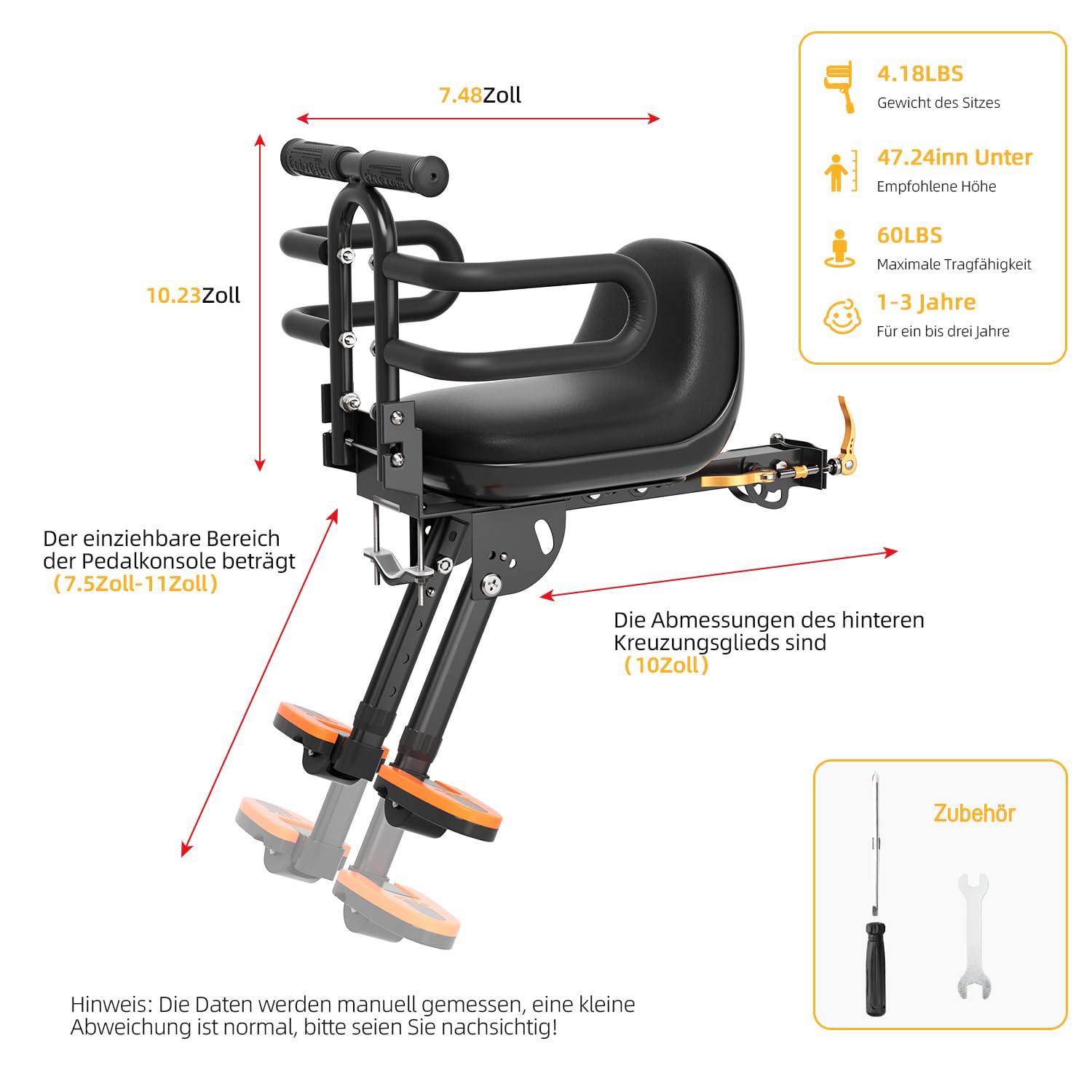 XIEEIX Siège de vélo pour enfant monté à l'avant - Siège de vélo pour enfants avec garde-corps - Siège de vélo pour enfants de 1 à 3 ans