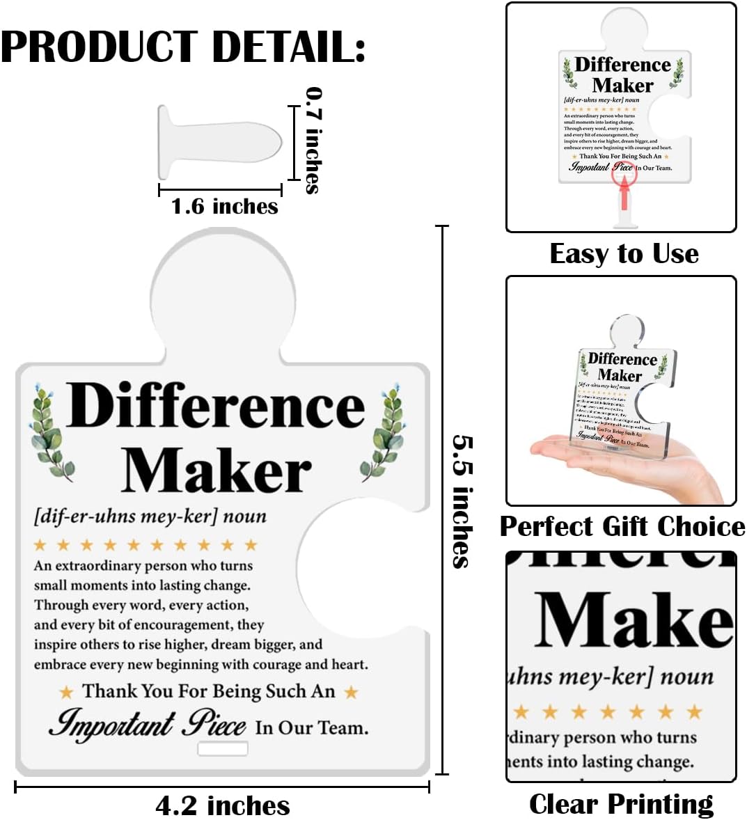 Difference Maker Gift Employees Staff Appreciation Gifts Thank You Gift for Work Team Employees Coworkers Staff Acrylic Puzzle Piece Plaque Sign Office Desk Decor - Image 2