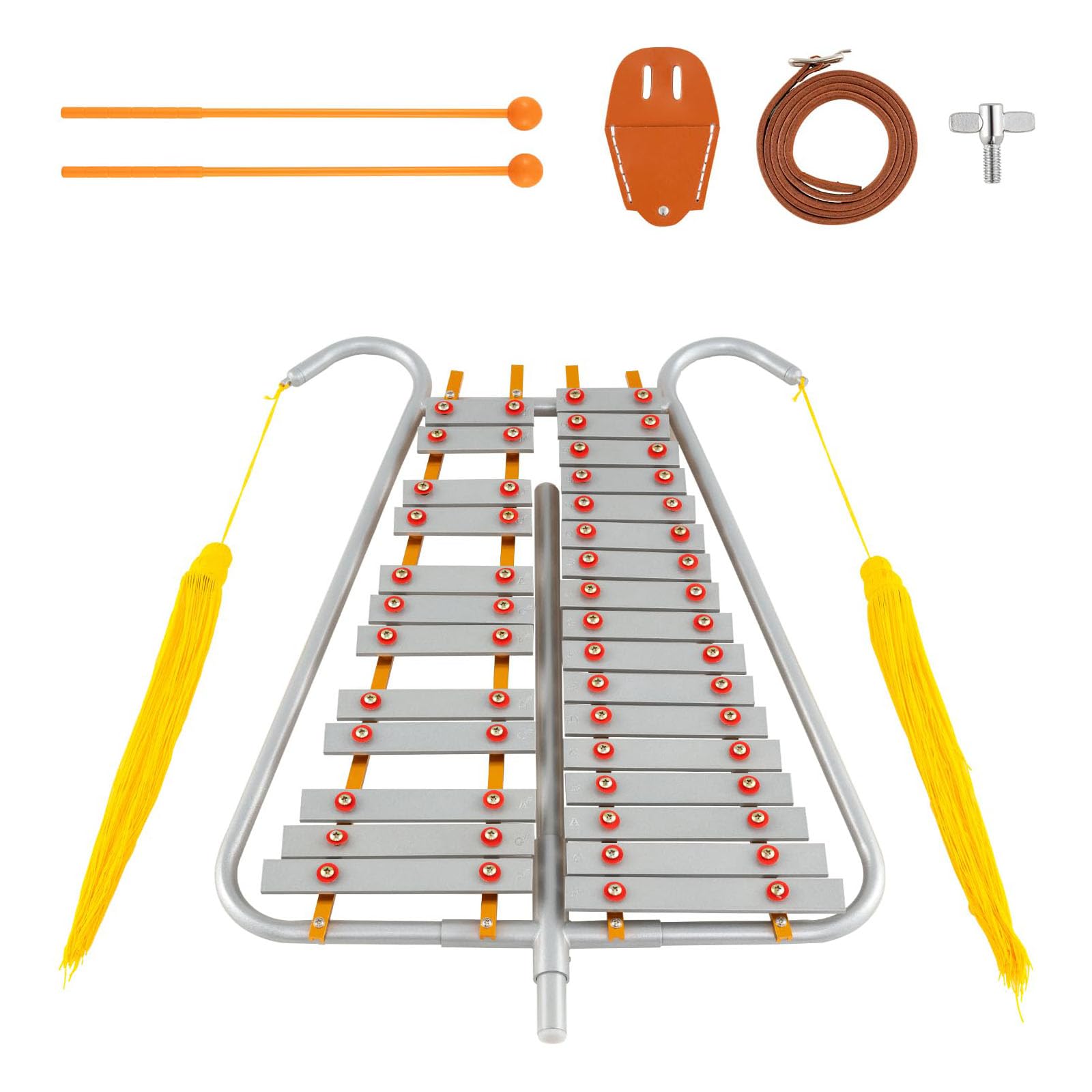 RELAX4LIFE Xilofono Glockenspiel da 29 Note, con Tasti in Alluminio, Tracolla in Pelle Regolabile e 2 Bacchette per Parate, Strumento a Percussione Leggero e Portatile per Principianti