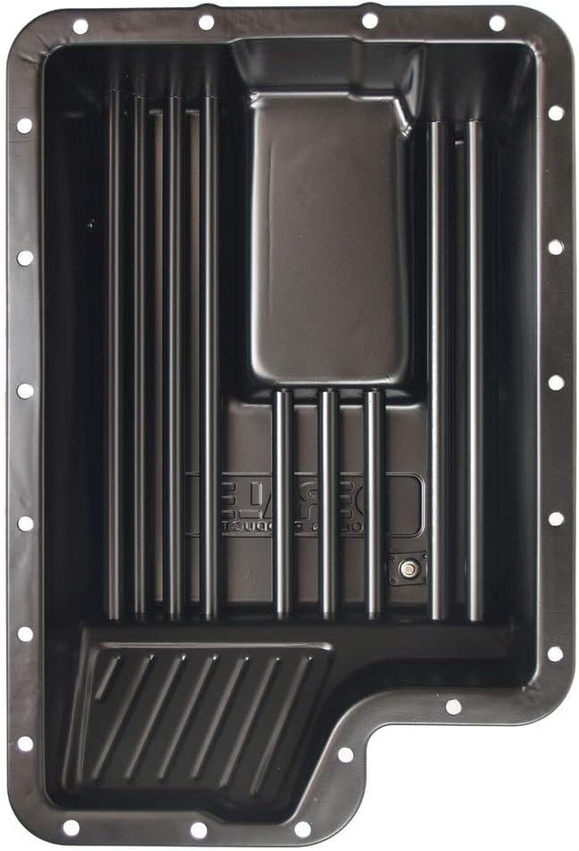 Derale 14208 Transmission Pan, Cooling, Deep Sump, Flat, 6.313 in Deep, Adds 7.938 qt Capacity, Steel, Black Paint, 4R100 / E4OD / 5R110 / 5R110W, Each