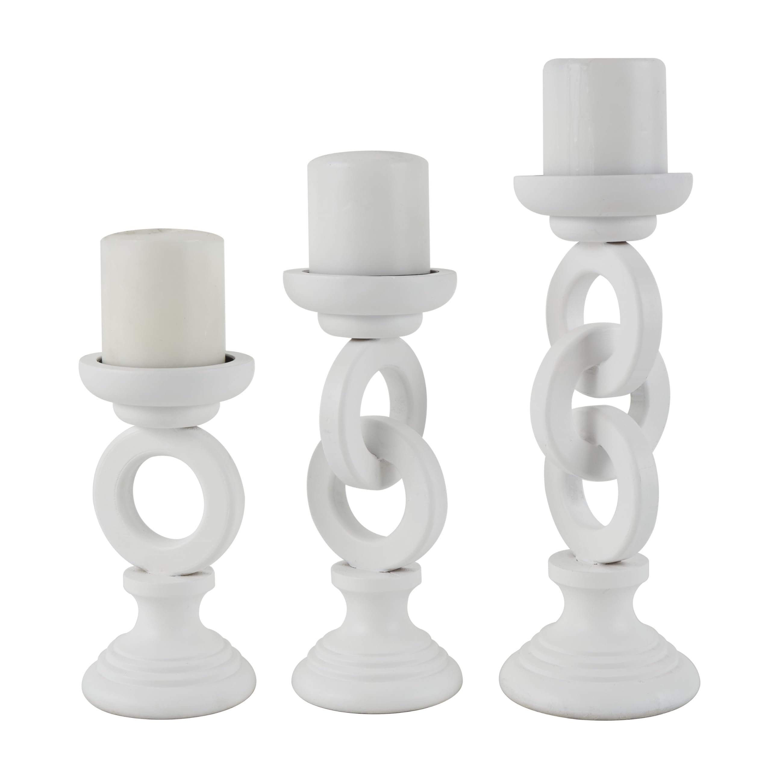 Deco 79 Wooden Chain Link Candle Holder, Set of 3 13", 11", 9" H, White