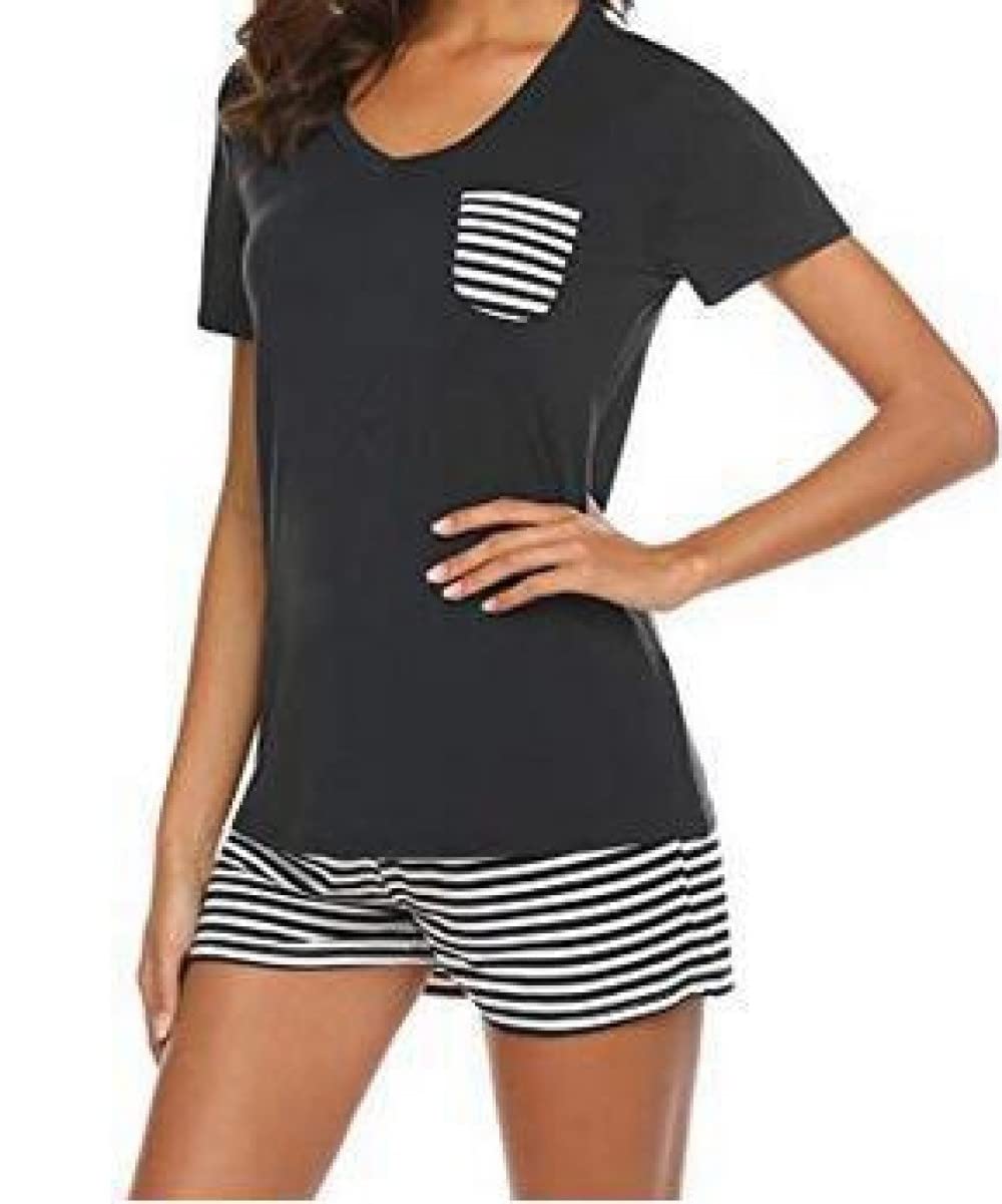 Donna Pigiama Estivo Due Pezzi,Pigiama A Maniche Corte da Donna con Scollo A V Nero A Righe Set da 2 Pezzi Pigiama da Donna Morbido E Confortevole Loungewear Regalo per La Festa della Mamma per Mogl