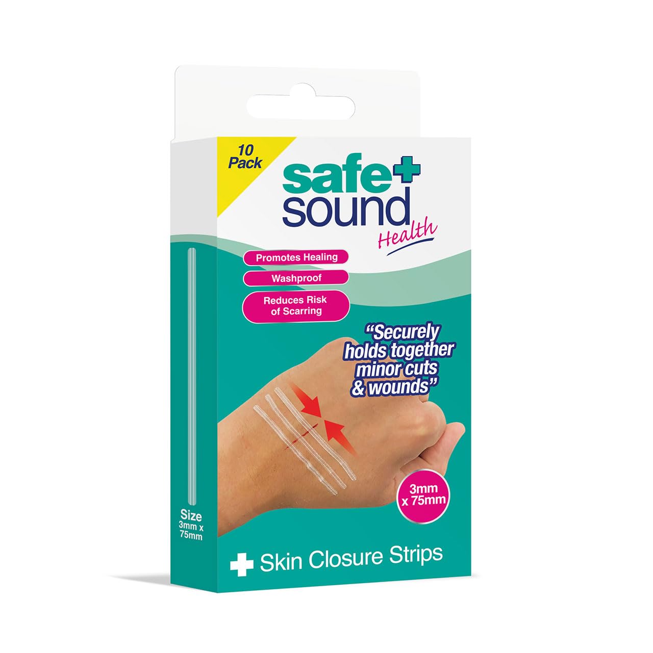 Safe & Sound Skin Closure Strips 10 Pack – Sterile Wound Closure Strips, Waterproof Adhesive Steri Strips for Minor Cuts, 3mm x 75mm