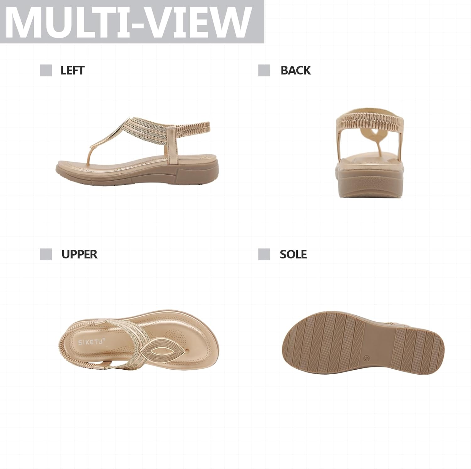 Womens Rhinestone T-Strap Boho Wedge Sandals Comfortable Slip On Round Toe Back Elastic Strap Roman Flip Flops For Summer Beach Vacation Daily Casual